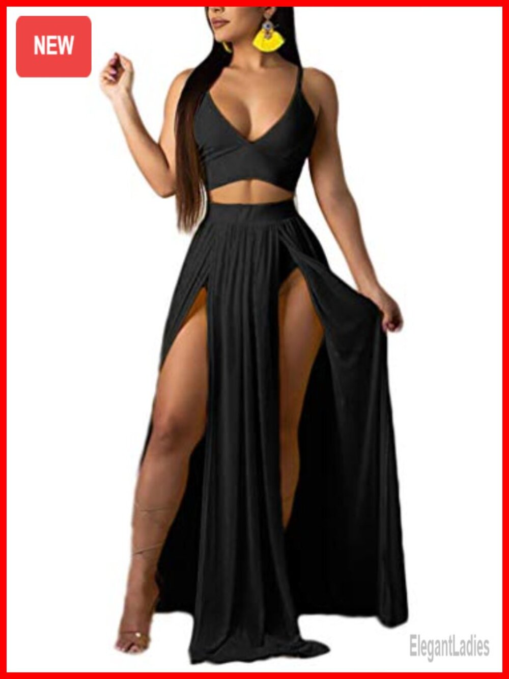 2 Piece Chiffon Skirt Set Spaghetti Strap Deep V Crop Top High Split Maxi